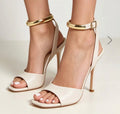Metallic ankle strap heel